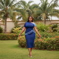 Women's Navy & Light Blue Puff-Shoulder Contrast-Trim Midi Dress – Nigerian Female Model