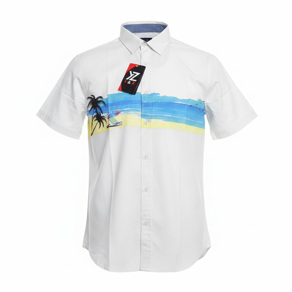 White tropical beach print short-sleeved shirt ghost mannequin front view