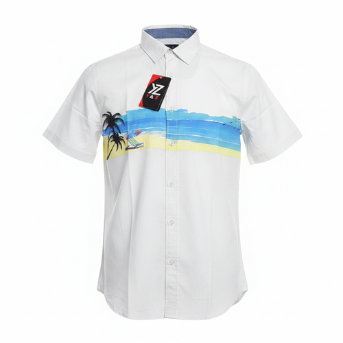 White tropical beach print short-sleeved shirt ghost mannequin front view