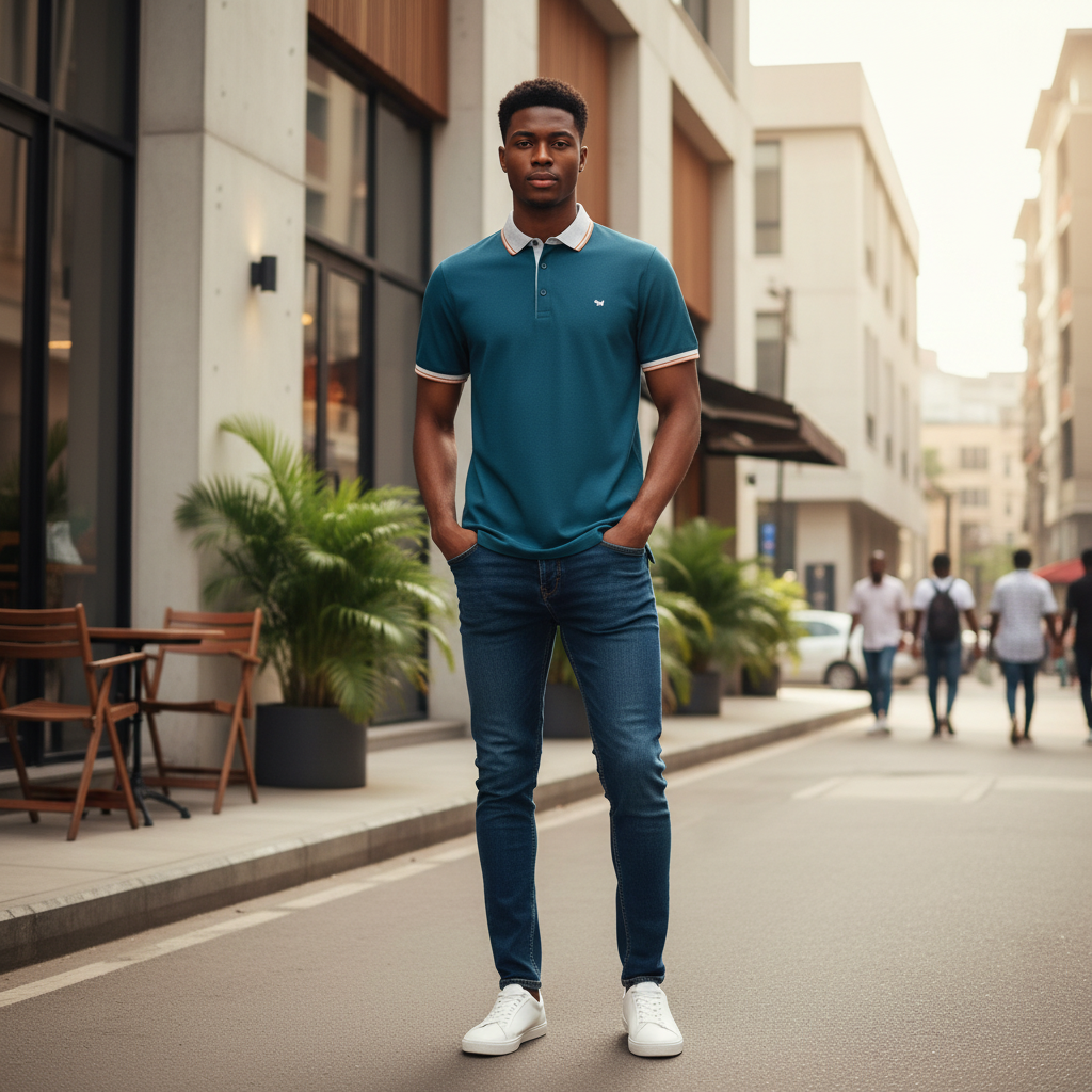 Young Nigerian male model wearing teal tipped collar polo shirt, front view, Nigerian urban background