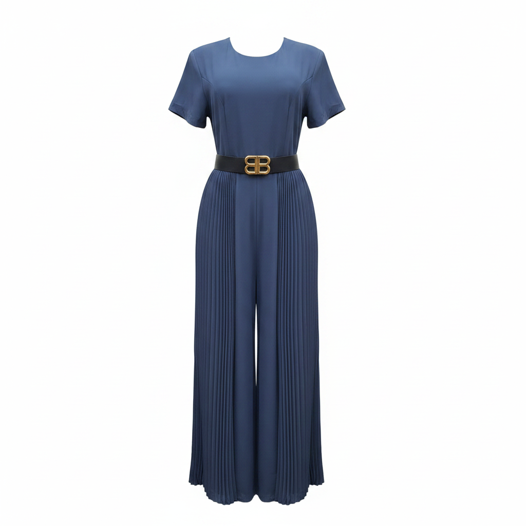 Women's steel blue short-sleeve pleated wide-leg belted jumpsuit - ghost mannequin front view