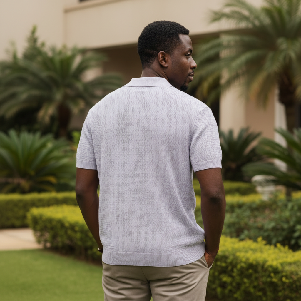 Lavender Open-Collar Knit Polo – Nigerian male model back view