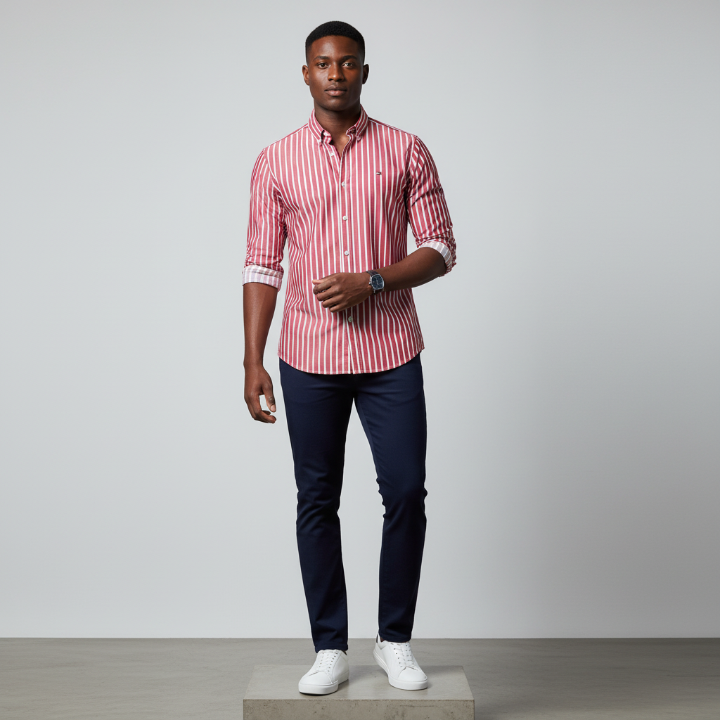 Red White Striped Long-Sleeved Shirt - Model Shot