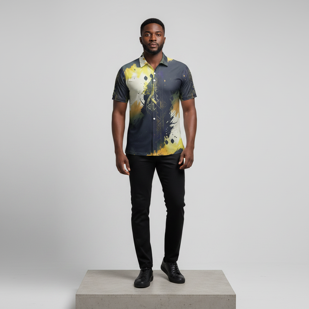 Gold Tribal Splash Print Short-Sleeved Shirt - Model Front