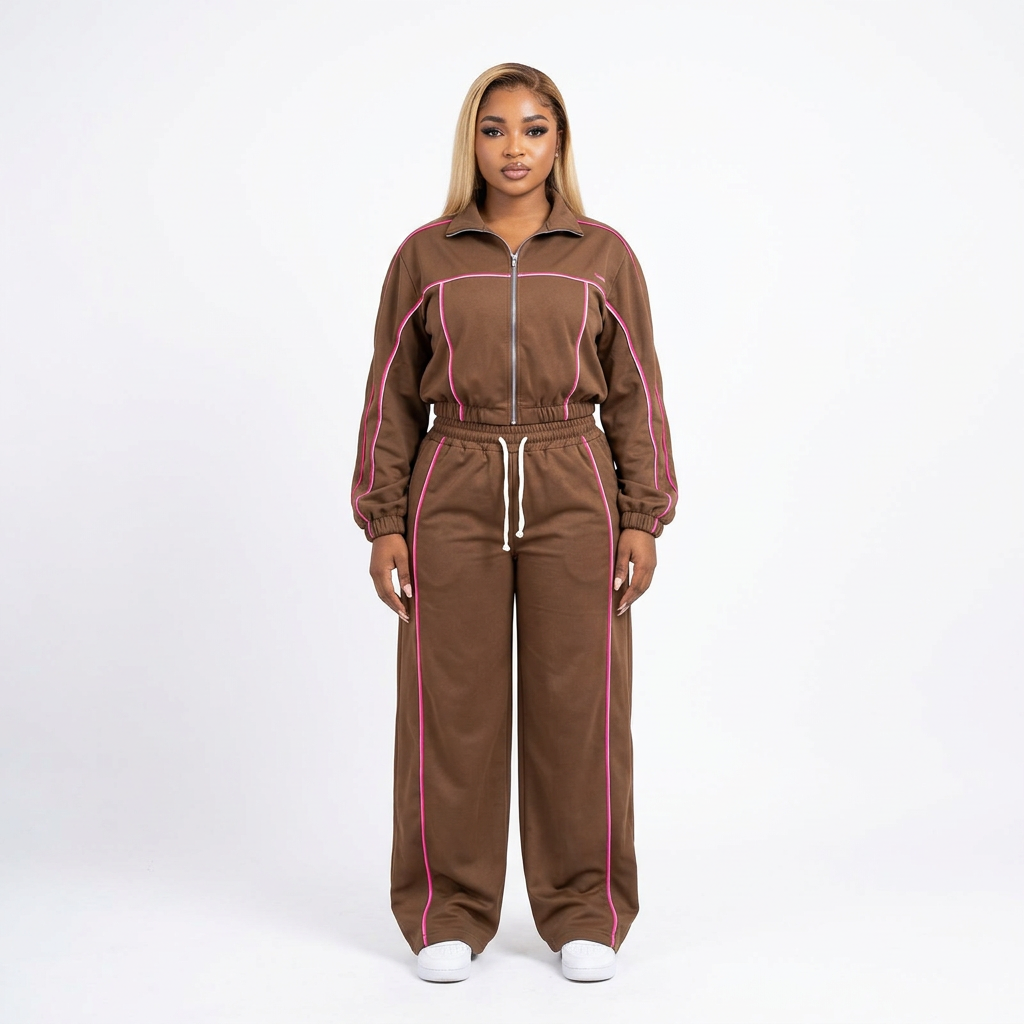 Black adult model wearing a brown pink-piping wide-leg tracksuit set