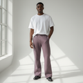 Male model wearing plum flare sweatpants