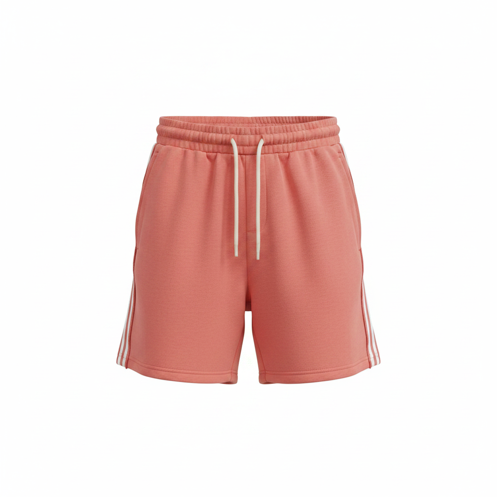 Men's coral pink side-stripe sweat shorts — ghost mannequin front view
