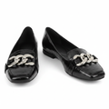 Women's black croc-embossed square-toe chain-link hardware ballet flat - ghost mannequin pair view