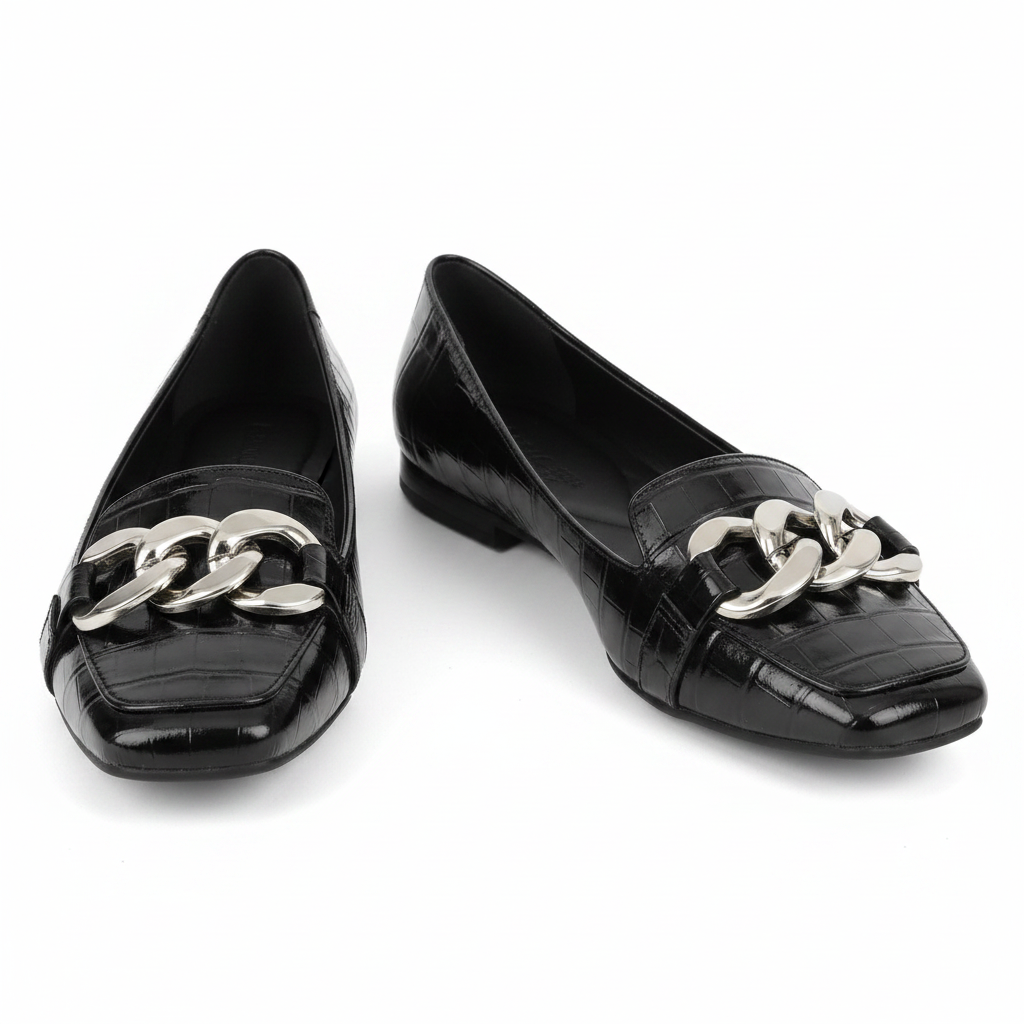 Women's black croc-embossed square-toe chain-link hardware ballet flat - ghost mannequin pair view
