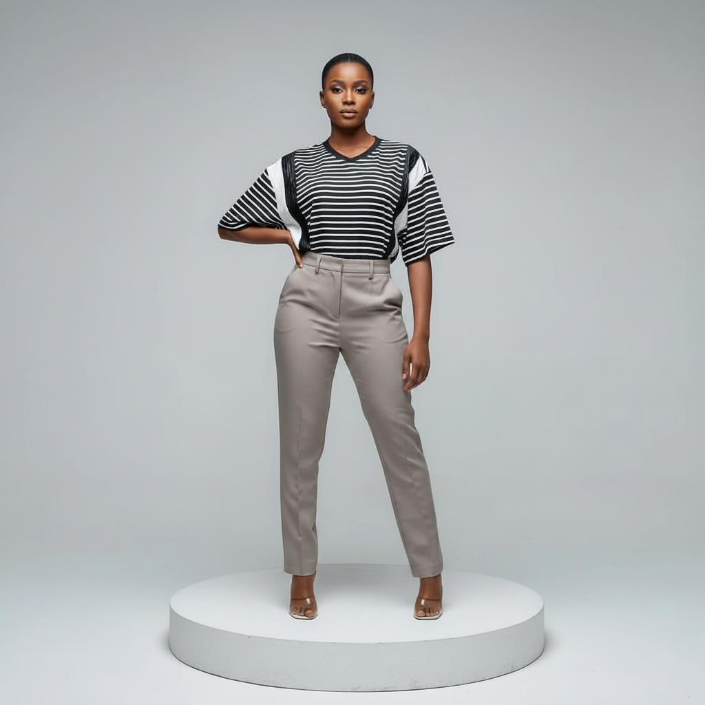 Black White Stripe Drawstring Top - Model with Trousers