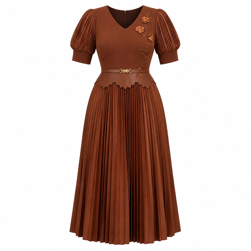 Chestnut floral-detail pleated dress on white background
