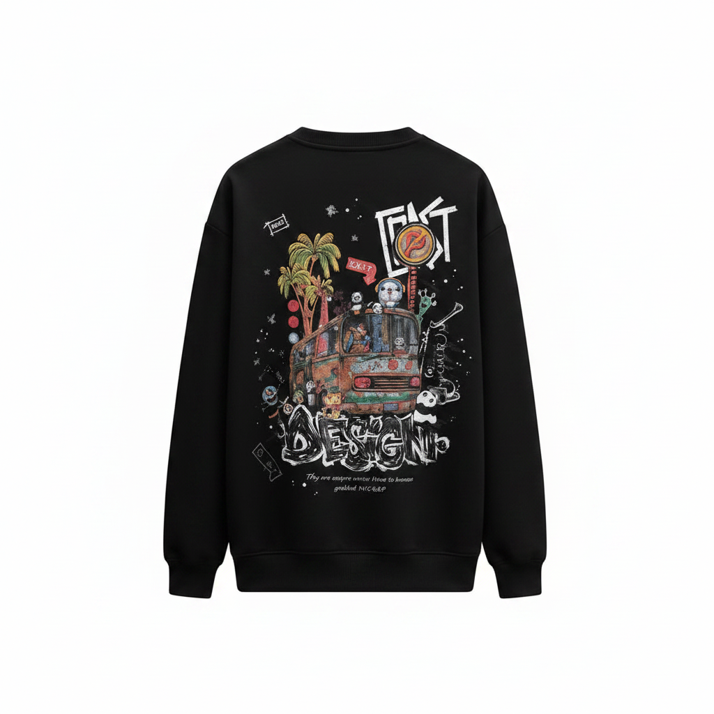 Unisex black sweatshirt with colourful illustrated bus scene back graphic – ghost mannequin back view