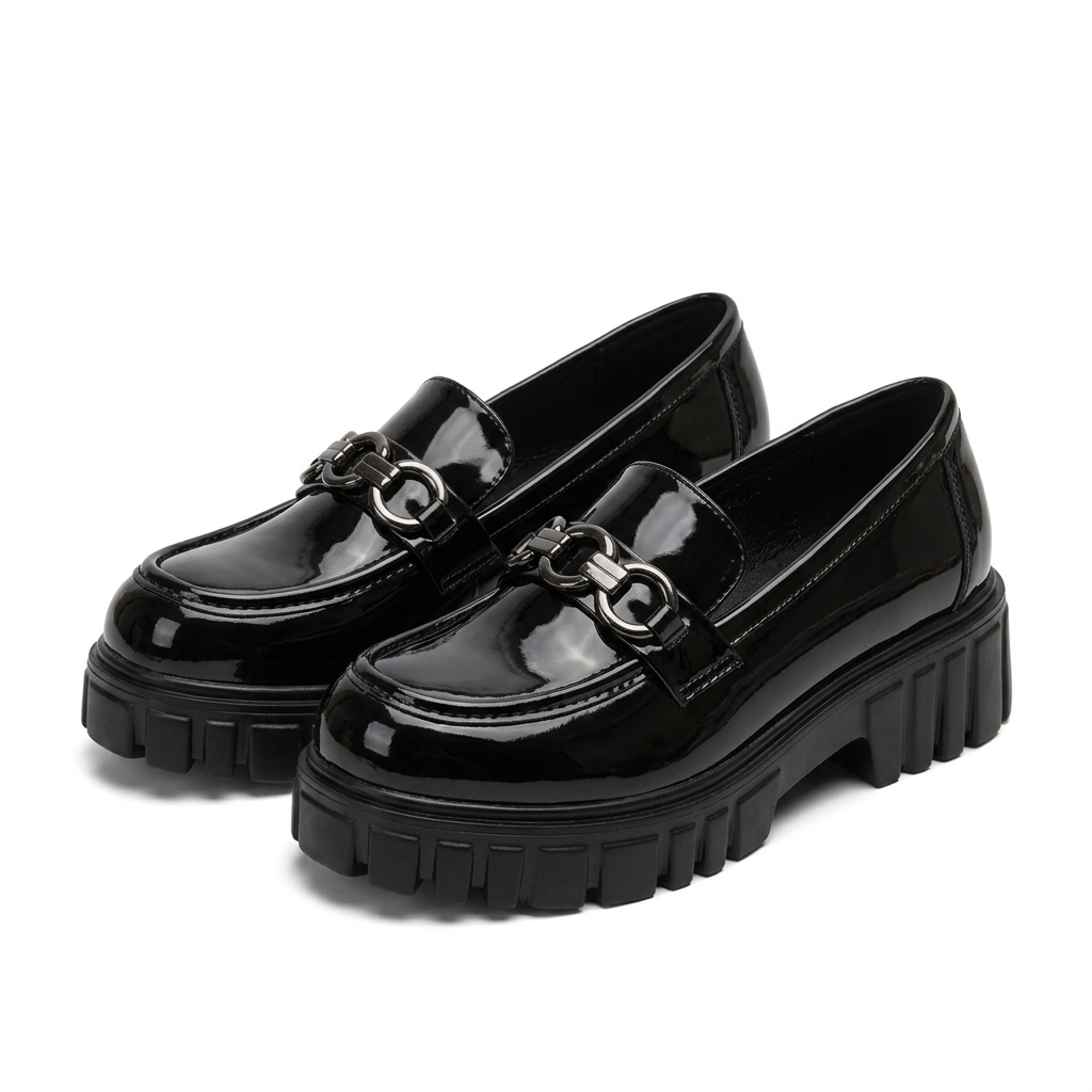 Matching pair of black glossy linked-detail chunky loafers together