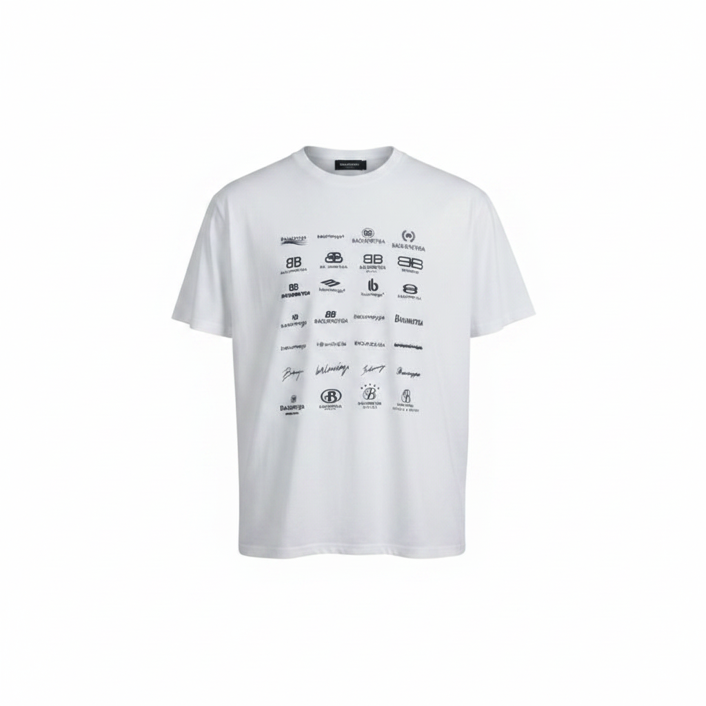 Women's white all-over multi-logo monogram grid crew neck tee - ghost mannequin front view