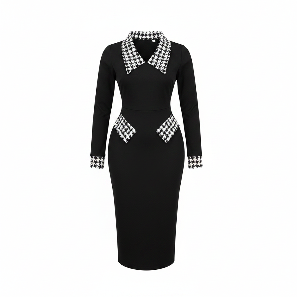 Women's black houndstooth lapel collar cuff and hip pocket flap bodycon midi dress - ghost mannequin view