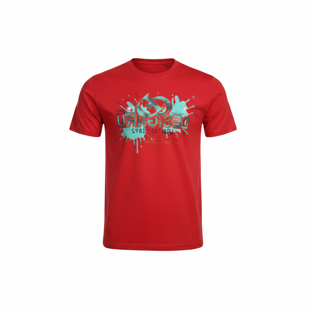 Ghost mannequin front view of red rhinestone Designru monogram T-shirt