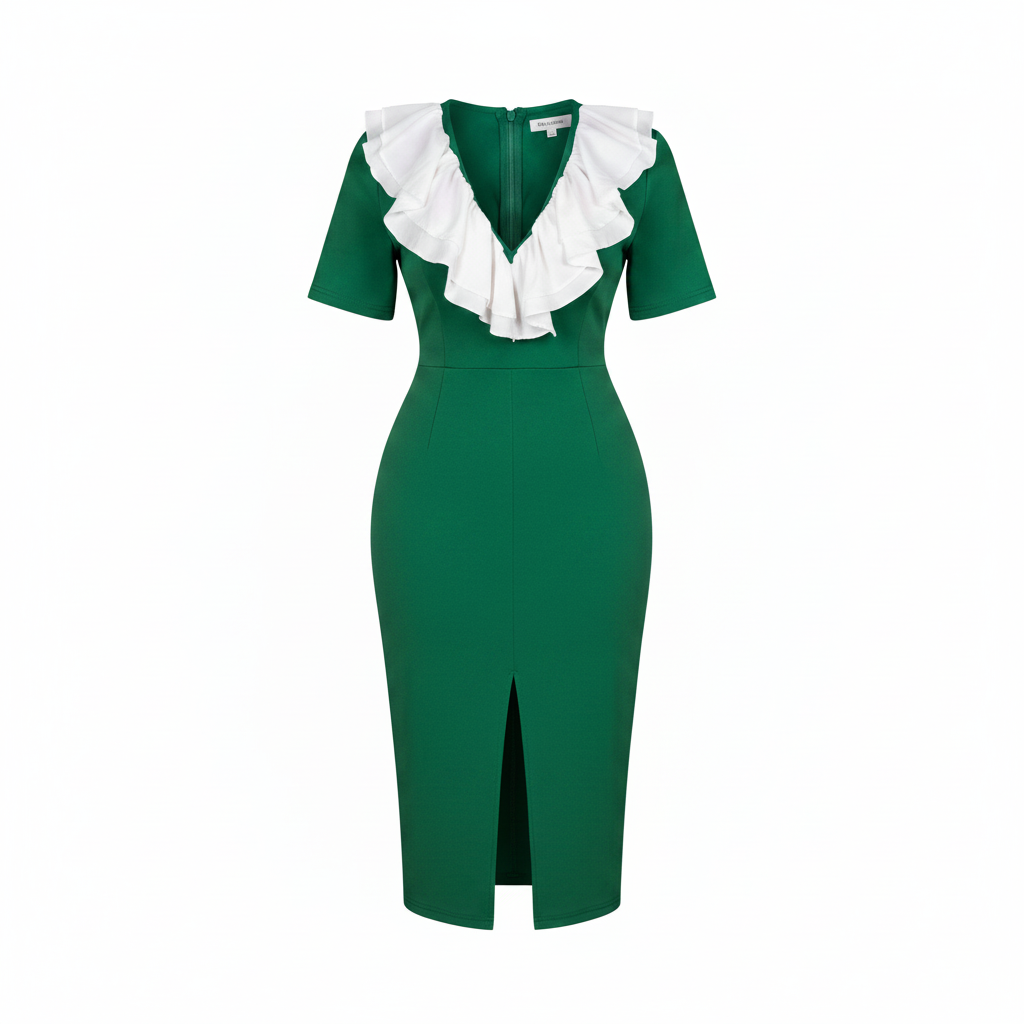 Women's green ruffle neck bodycon midi dress – ghost mannequin view