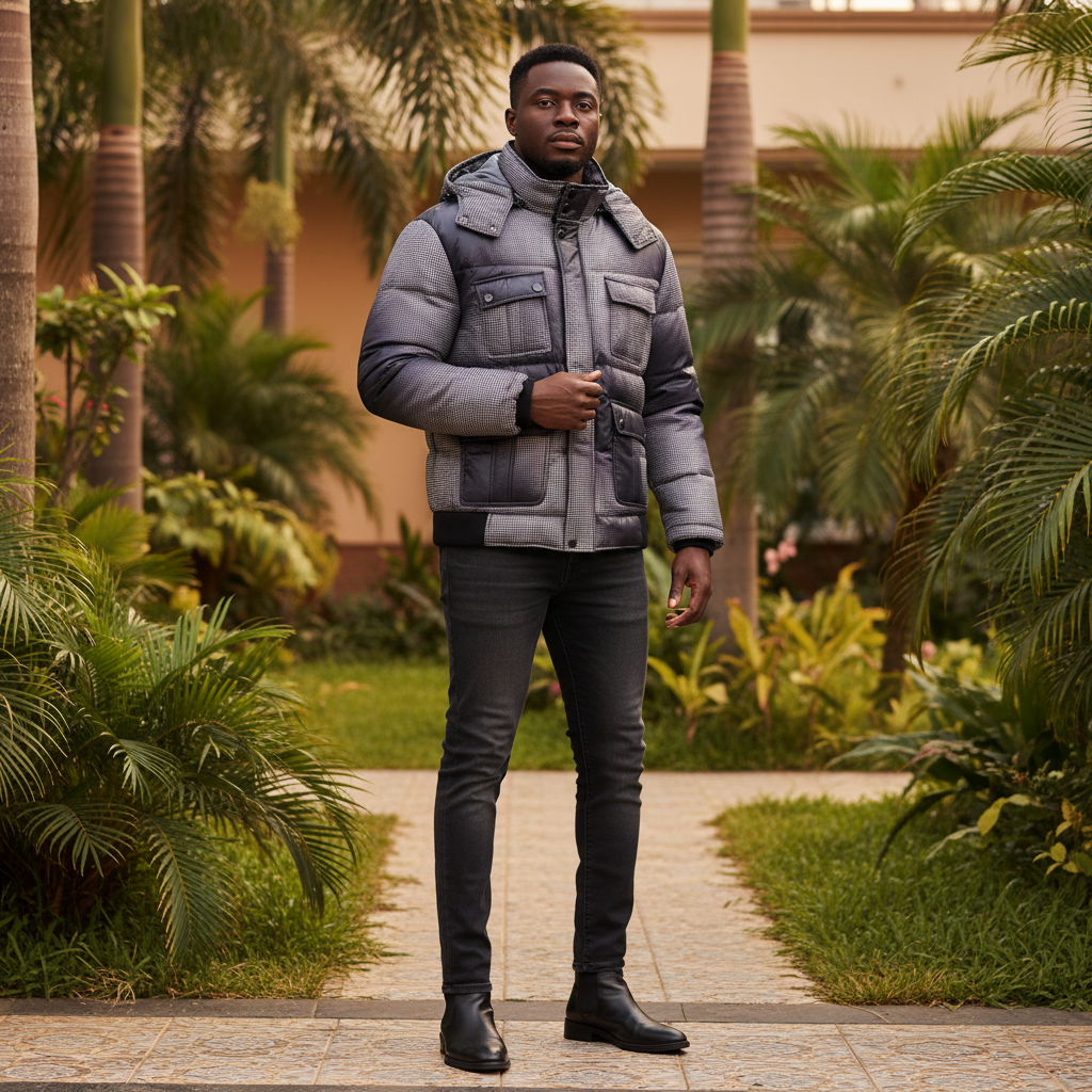 Houndstooth puffer jacket front view on Nigerian male model