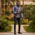 Houndstooth puffer jacket front view on Nigerian male model