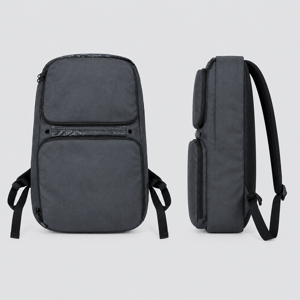 Black multi-pocket nylon backpack shown from the front and side on a plain background