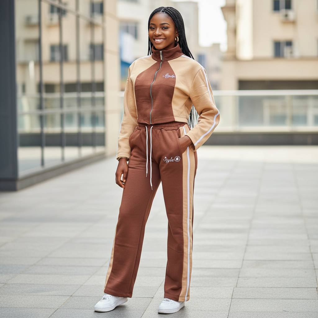 Teen Brown & Beige Two-Tone Zip Tracksuit Set – Model Shot