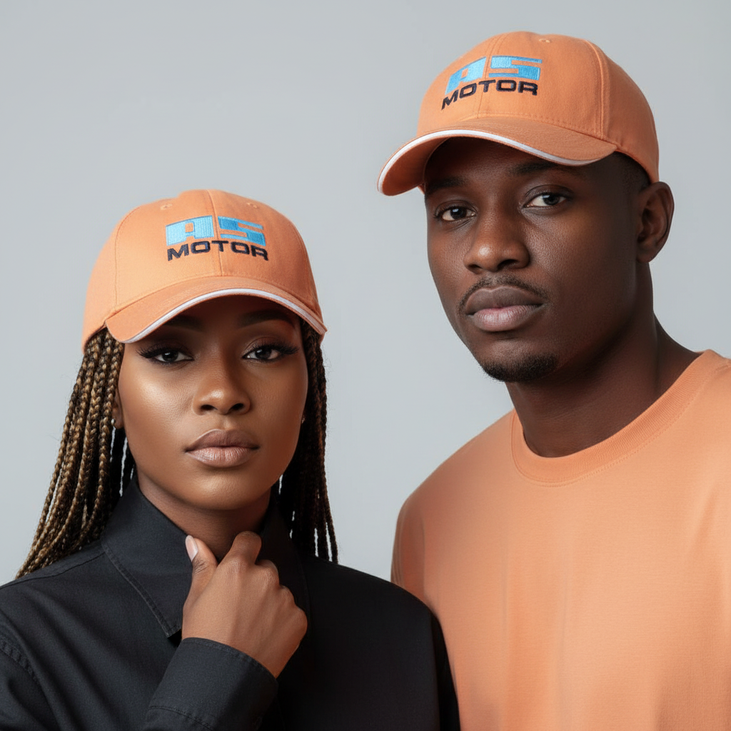 Nigerian male and female models wearing peach orange embroidered dad cap
