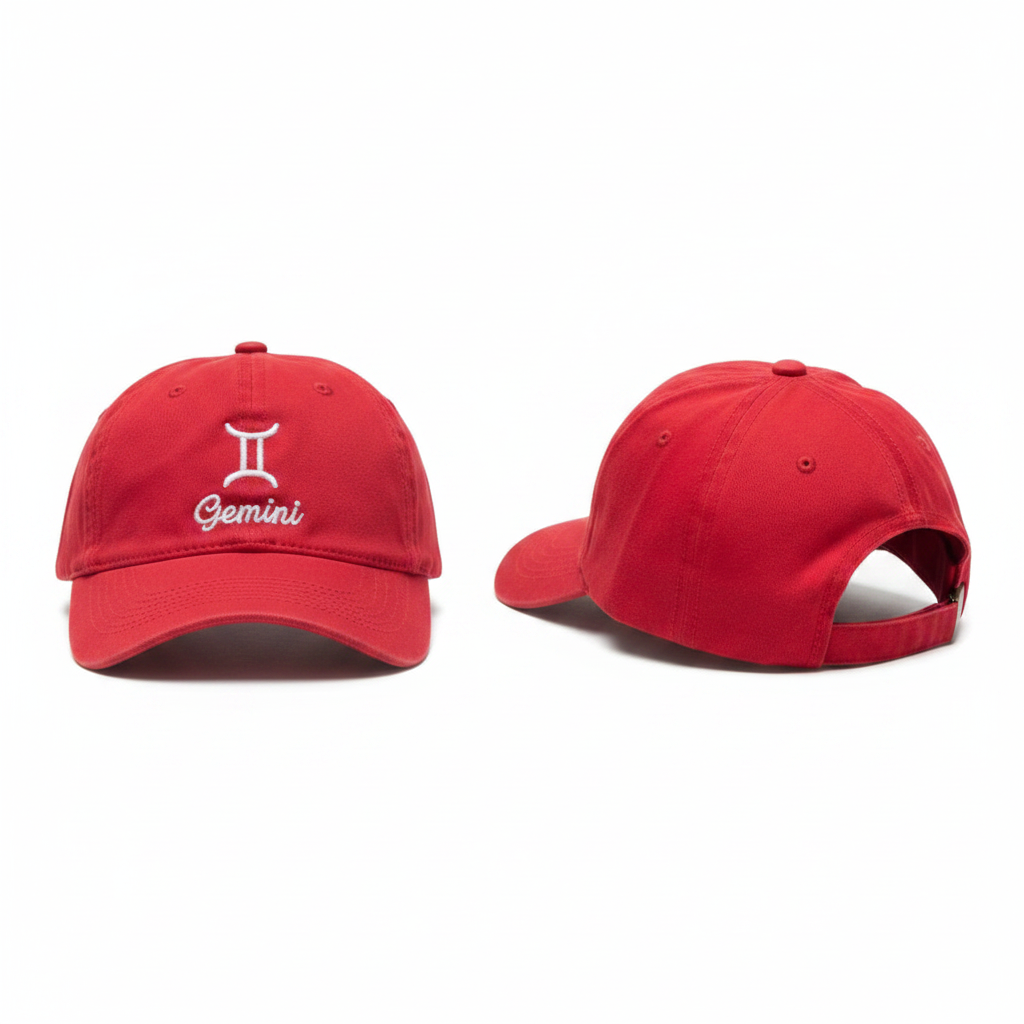 Red dad cap with white Gemini zodiac embroidery ghost mannequin front and rear-side view
