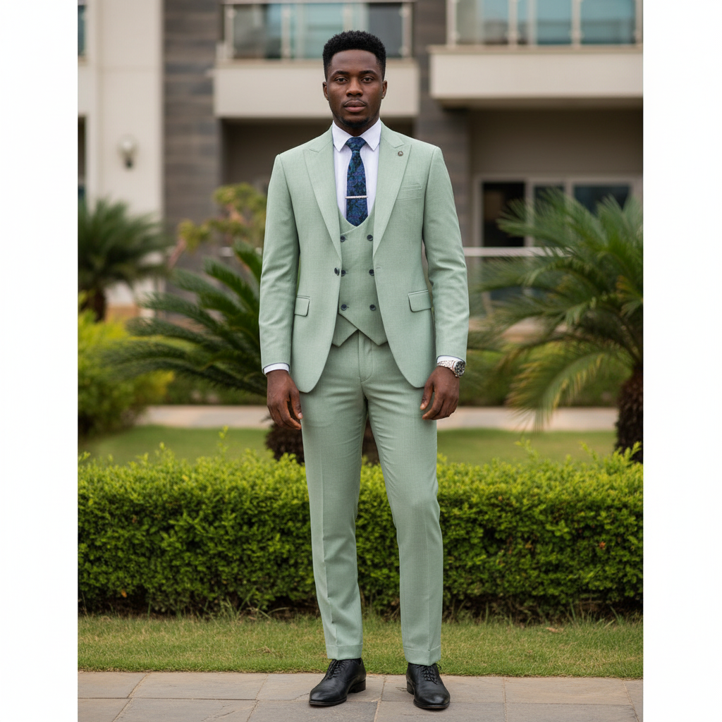 Nigerian male model wearing sage green slim fit three-piece suit