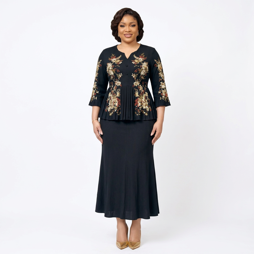 Black adult model wearing a black floral peplum top and matching midi skirt