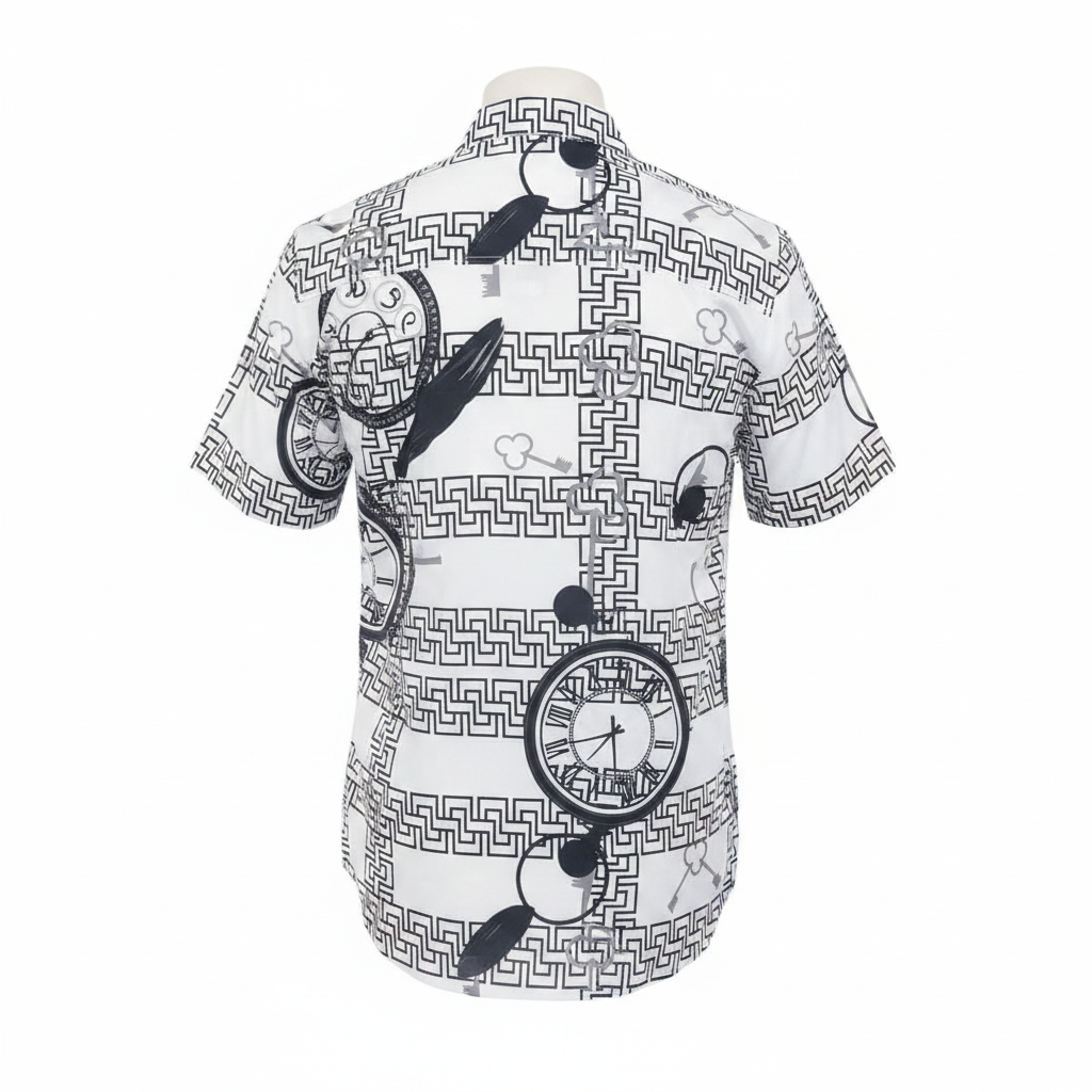 White Clock & Maze Print Short-Sleeved Shirt - Ghost Mannequin Back