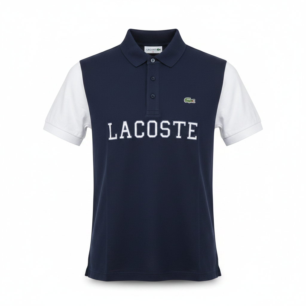 Navy and white two-tone polo shirt with contrast sleeves and chest embroidery ghost mannequin front view on white background