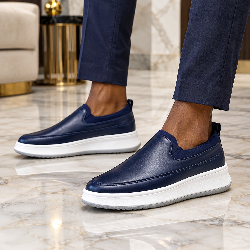 Navy Leather Slip-On Platform Sneaker – Model Shot