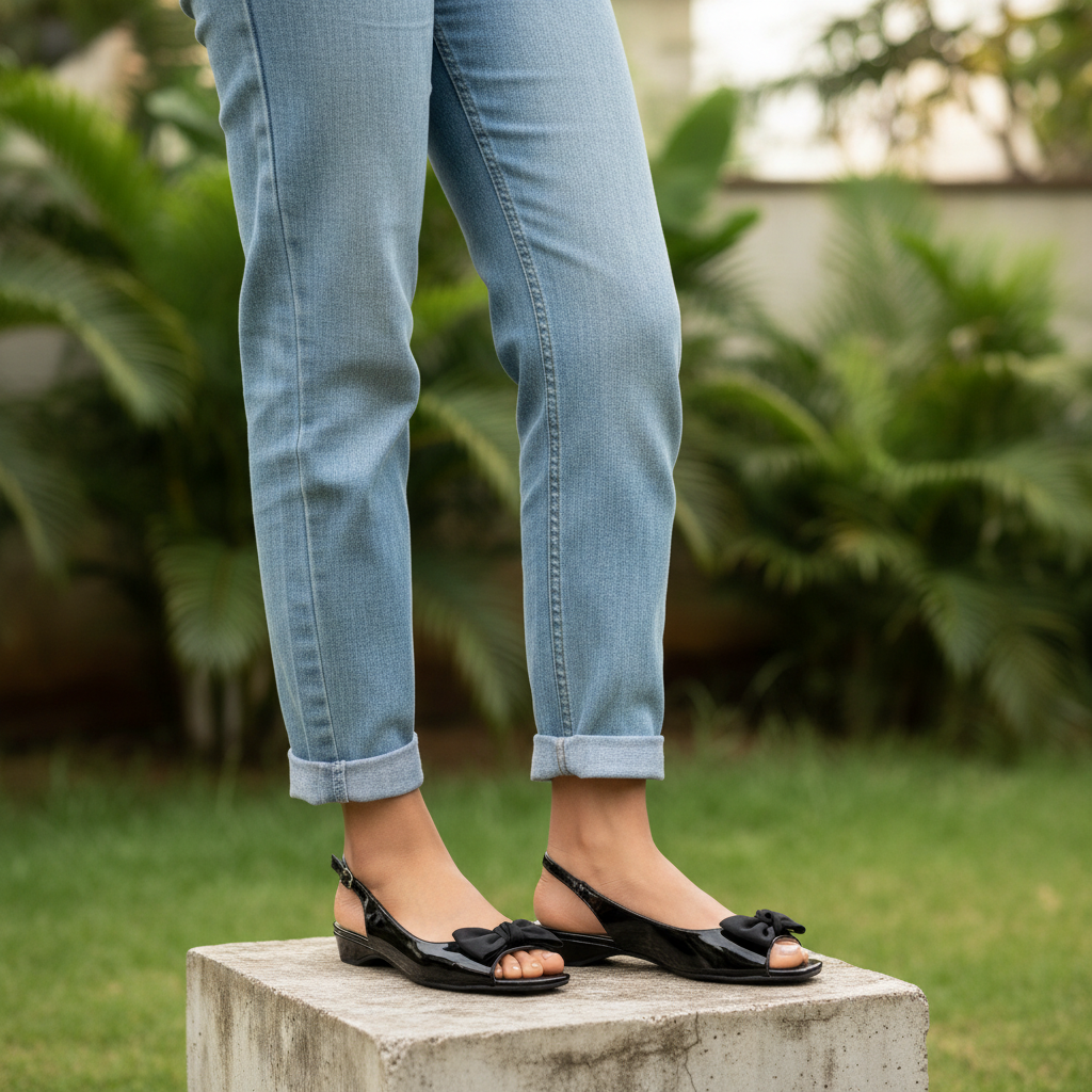 Nigerian model wearing black patent bow peep-toe slingback sandals - both feet styled