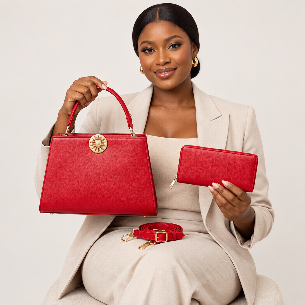 Model holding red sunburst handbag and matching wallet with strap on lap