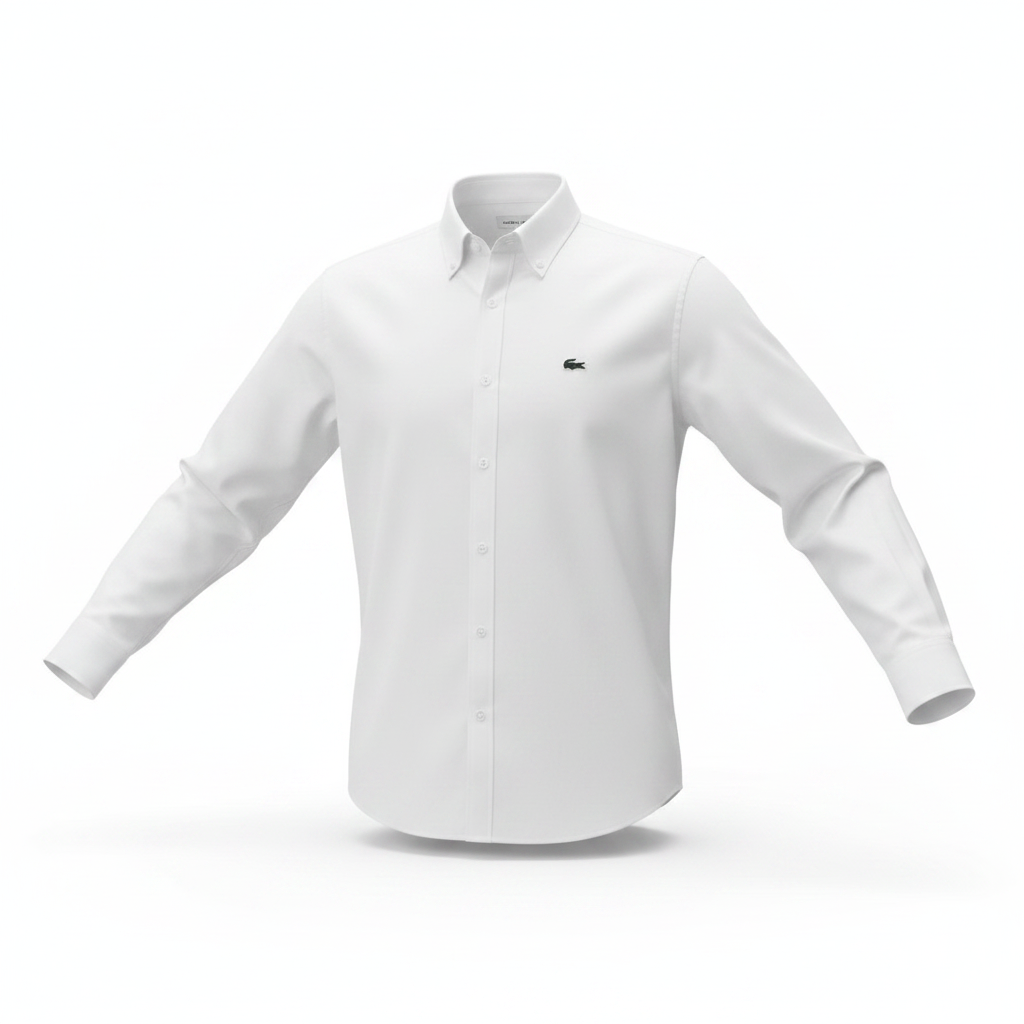 Men's pure white long-sleeve button-down casual shirt on ghost mannequin, white background