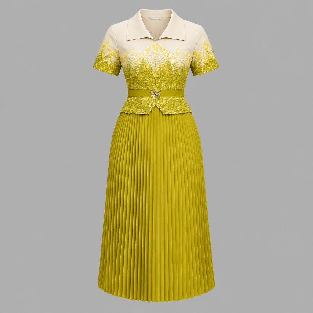 Yellow ombre pleated gown on ghost mannequin