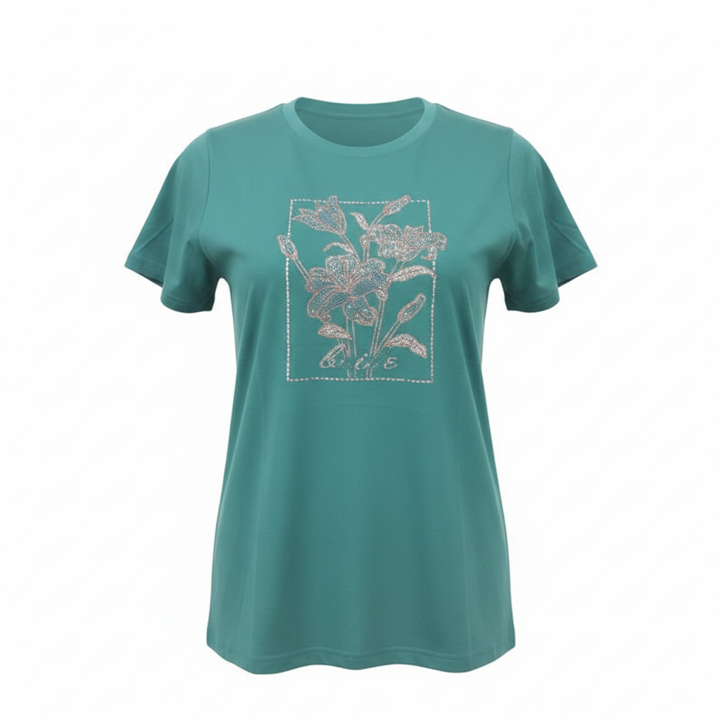 Women's teal rose gold foil floral botanical print crew neck tee - ghost mannequin front view