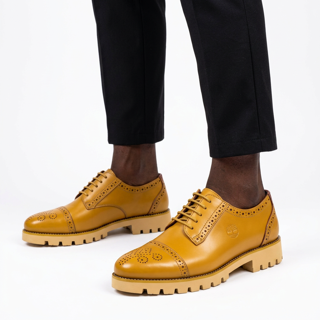 Golden tan lace-up brogues worn on both feet by a Black male model on a white studio background