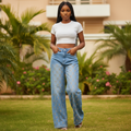 Women's multicolour rhinestone oval wide-leg light blue jeans – female model front view