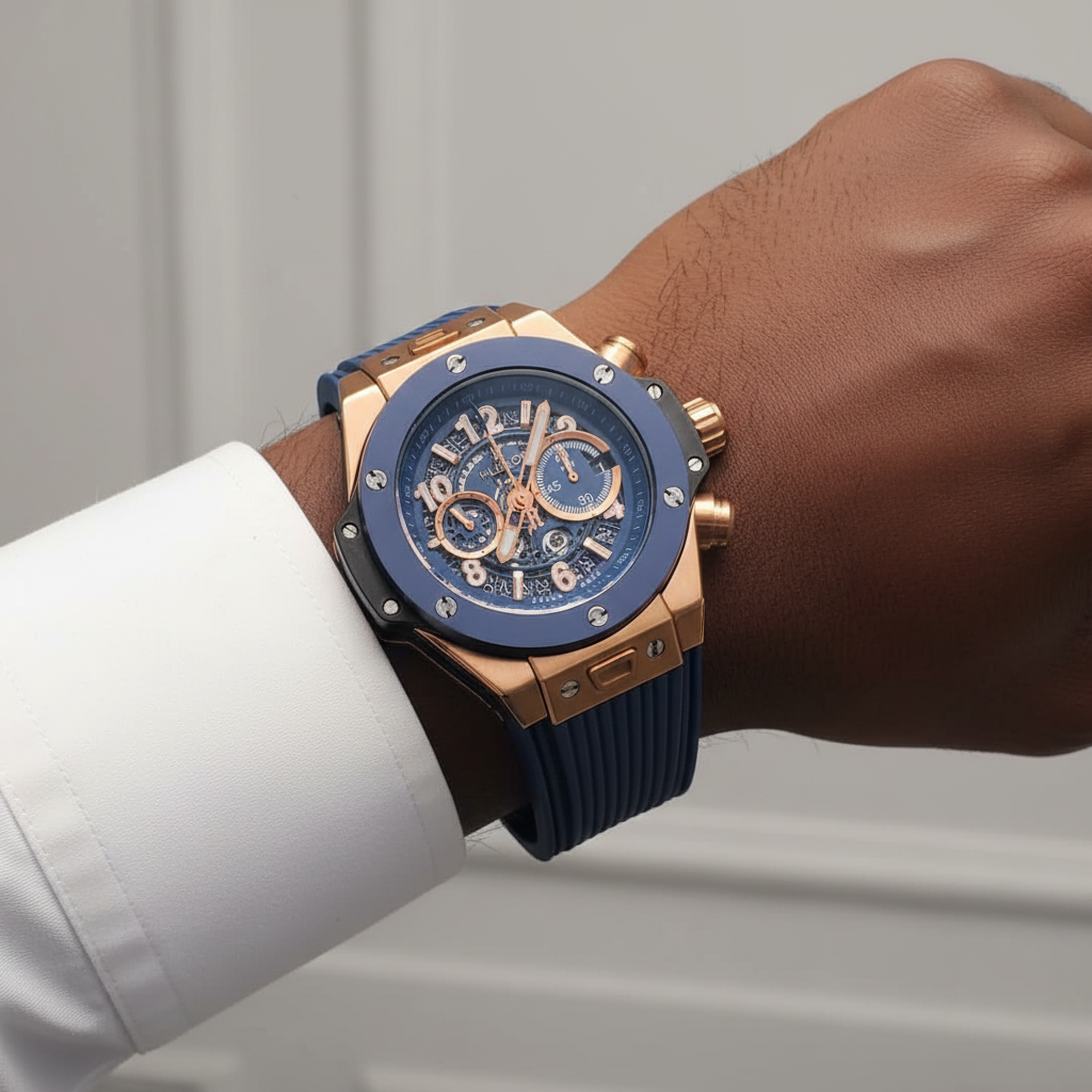 Nigerian male model wrist shot — rose gold blue ceramic skeleton chronograph sport watch