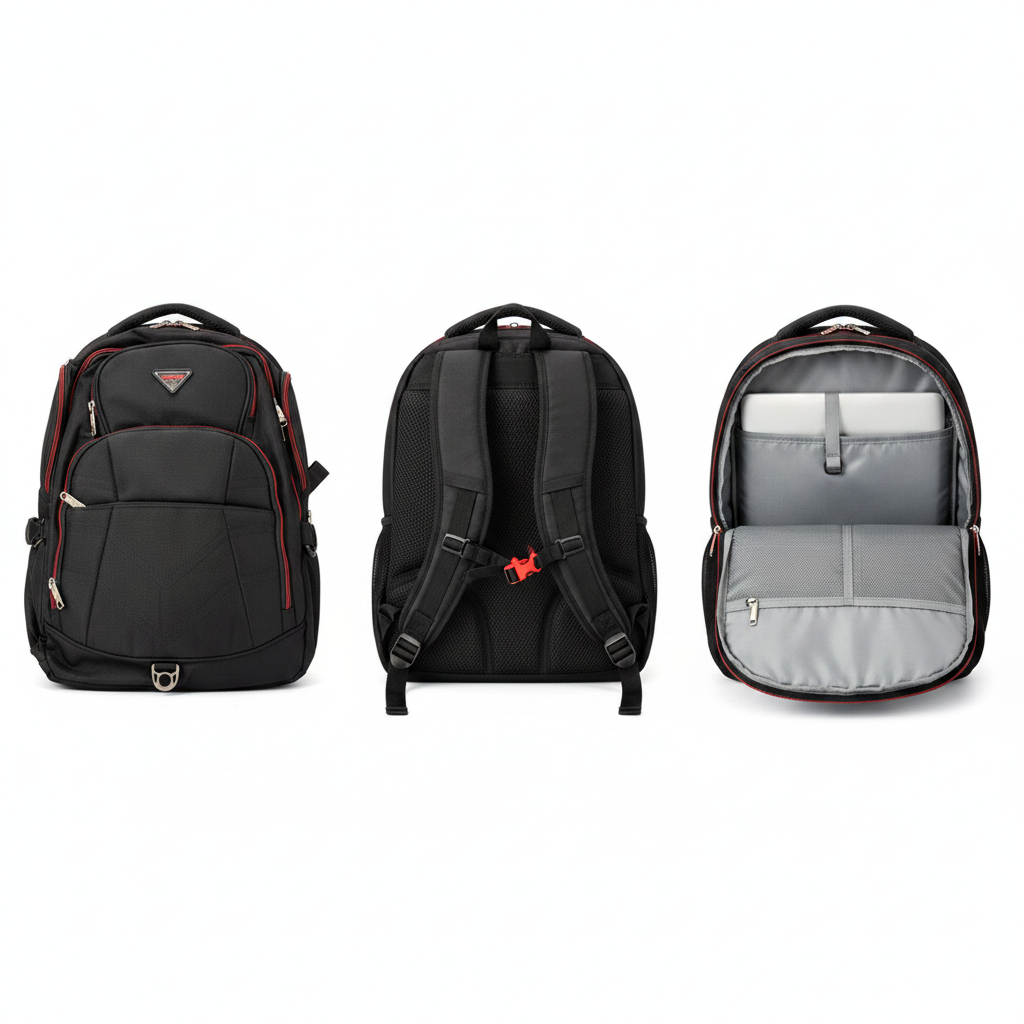 Sobar black nylon laptop backpack red zip ghost mannequin front back and interior view
