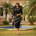 Women's Black & Grey Stripe Bodycon Midi Dress – Nigerian Female Model Shot