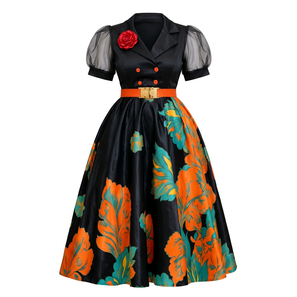 Black orange and green leaf-print skirt and top set on an invisible mannequin