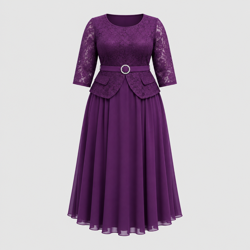 Purple lace peplum top and pleated midi skirt outfit