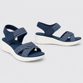 Blue cross-strap wedge sandals product-only pair