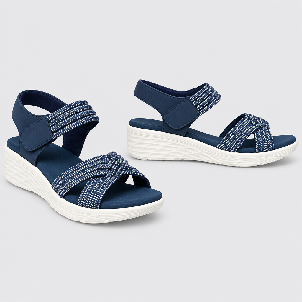 Blue cross-strap wedge sandals product-only pair