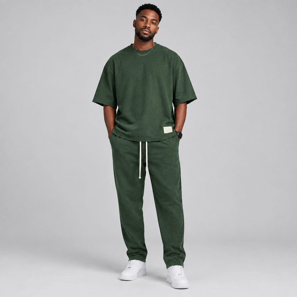 Nigerian male model wearing dark green oversized t-shirt and jogger tracksuit set