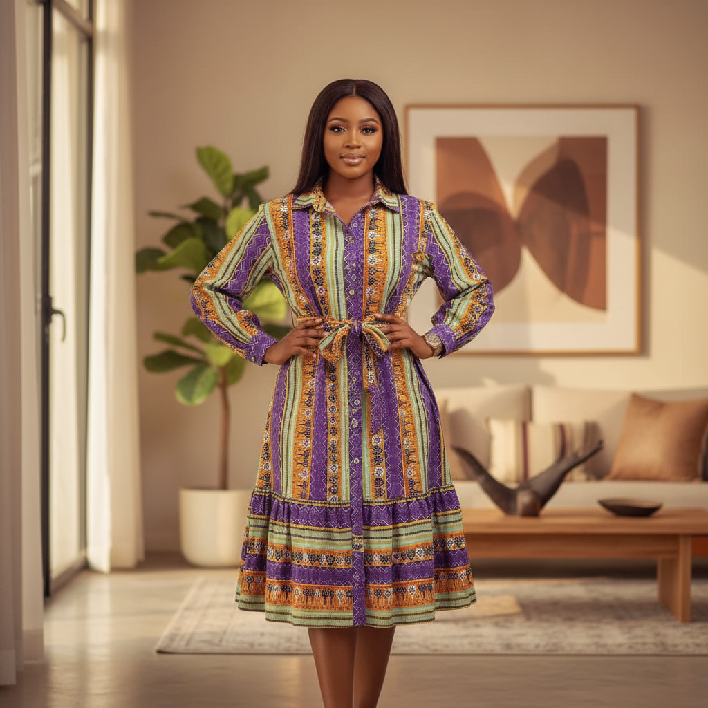 Tribal Stripe Ruffle Shirt Dress Purple Gold - Model Shot