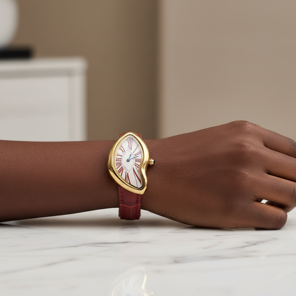 Black Nigerian woman wrist shot wearing asymmetric yellow gold watch with red strap