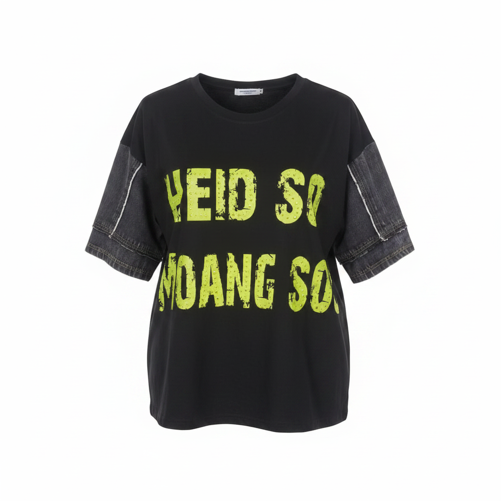 Women's black neon text graphic tee with denim sleeve trim - ghost mannequin front view